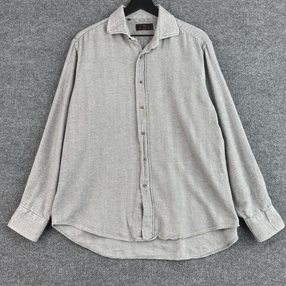 Etro Milano Button Up Shirt Mens L 42 Gray Herringbone Italy Long Sleeve